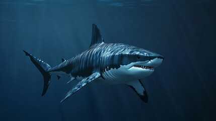 Obraz premium Sleek megalodon glides through deep waters, contrasting with a bulky silhouette in the background, embodying elegance and power. 