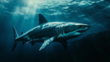 Fototapeta premium Sleek megalodon glides through deep waters, contrasting with a bulky silhouette in the background, embodying elegance and power. 