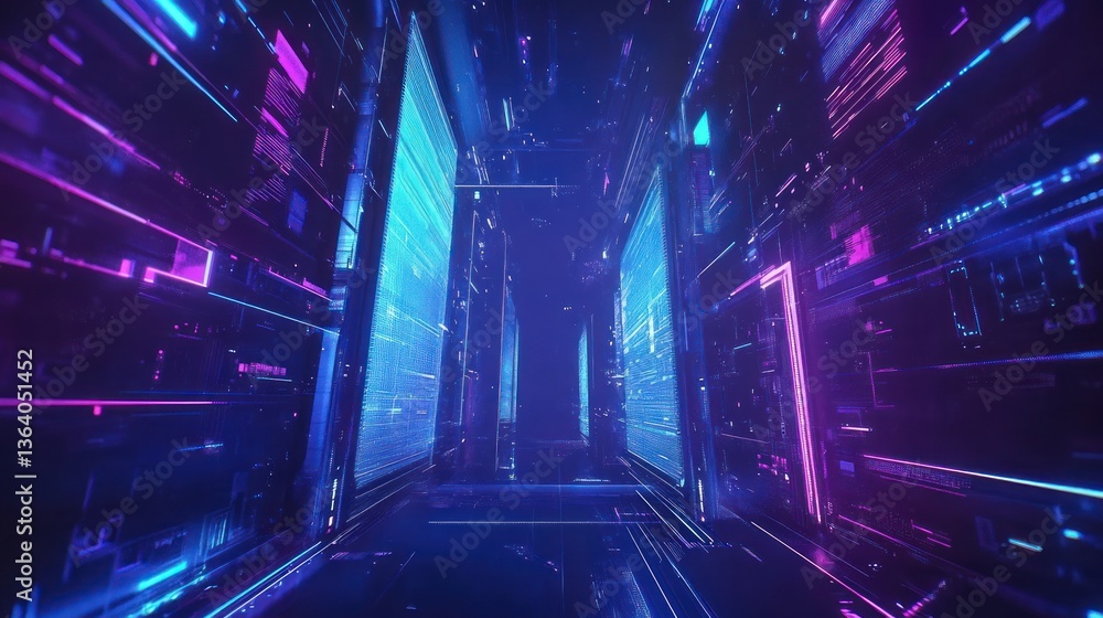 Poster abstract digital futuristic space with glowing neon lines and geometrical patterns