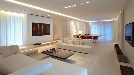 Contemporary interior living space with modern furniture, large art piece and ample lighting