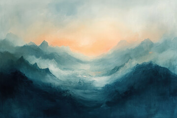Fototapeta premium Vibrant sunset colors enliven majestic mountain peaks in a serene landscape painting.