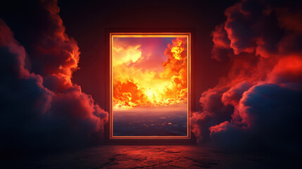 vibrant sunset scene framed by doorway, surrounded by dramatic clouds, evokes sense of wonder and exploration. warm colors of sky contrast beautifully with dark surroundings, inviting viewers to