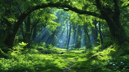 Obraz premium Lush forest path bathed in sunlight