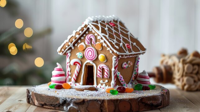 A gingerbread house decorated with icing and candy for the holidays. - Powered by Adobe