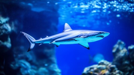 Fototapeta premium Sleek megalodon glides through deep waters, contrasting with a bulky silhouette in the background, embodying elegance and power. 