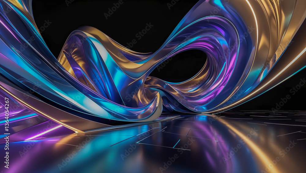 Poster 3d twisting metallic neon tunnel art concept..