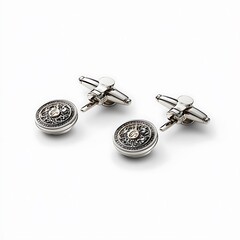 Fototapeta premium Elegant Silver and Gold Cufflinks with Intricate Design Close-up Product Shot.