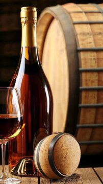Elegant wine display with a bottle, glass, and wooden barrel in a cozy cellar setting