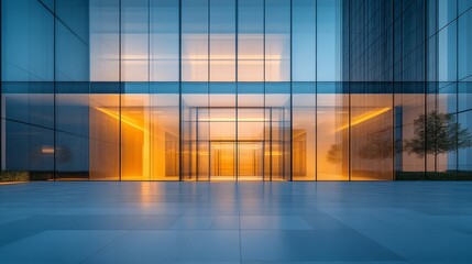 Fototapeta premium A Modern Glass Facade: The architectural marvel, featuring a contemporary glass facade and inviting entrance, bathed in a warm inviting glow.