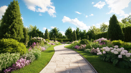 Obraz premium beautiful garden pathway surrounded by vibrant flowers and lush greenery creates serene atmosphere. clear blue sky adds to peaceful ambiance, inviting visitors to explore this lovely landscape