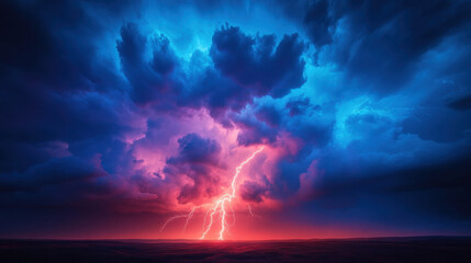 massive lightning storm illuminates sky with vibrant colors, showcasing dramatic clouds and intense lightning strikes. scene evokes sense of awe and power in nature