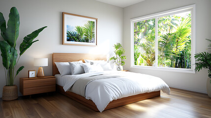 Modern minimalist bedroom with white bed indoor plants natural light contemporary design serene environment relaxing viewpoint for tranquility