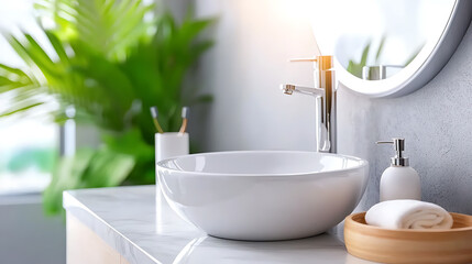 Fototapeta premium Sleek modern bathroom design featuring marble countertop and elegant fixtures serene indoor environment with lush greenery aesthetic viewpoint
