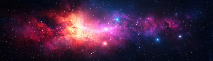 Fototapeta premium A vibrant cosmic scene featuring colorful nebulae and stars against a dark backdrop, showcasing the beauty of the universe.