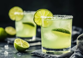 Fototapeta premium Refreshing Lime Cocktail with Fresh Citrus Garnishes and Salted Rim in Elegant Glassware