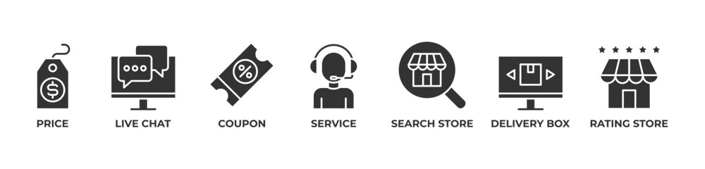 Smart Shopping Icons set vector illustration with PRICE , LIVE CHAT, COUPON, SERVICE, SEARCH STORE, DELIVERY BOX, RATING STORE