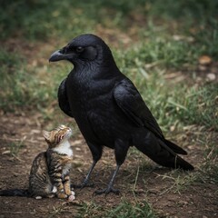 A crow making friends with a small cat.