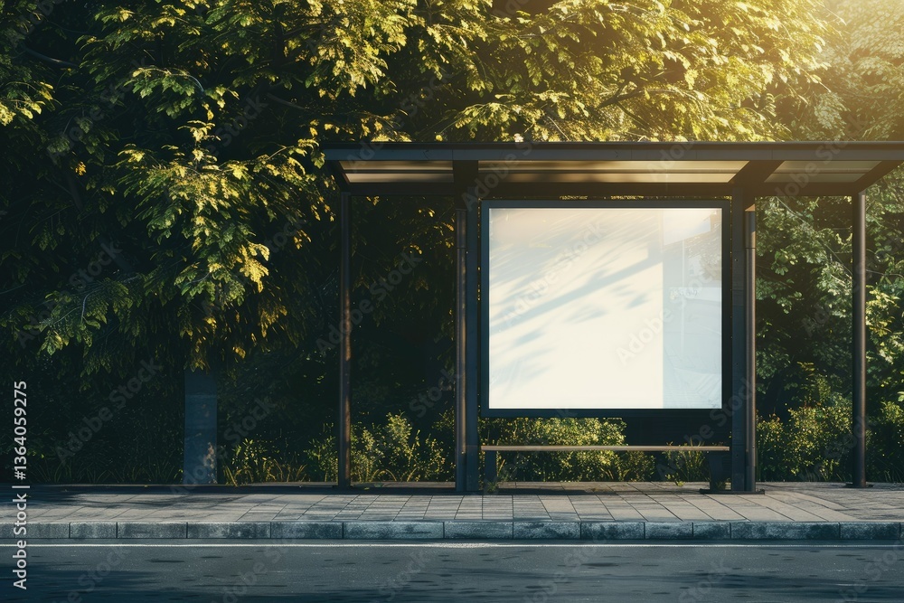Poster vibrant color image of a bus stop with a blank billboard on the side