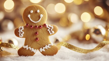 Cute gingerbread man cookie with a smiling face, adorned with red candy buttons, and white icing, set against a shimmering golden background perfect for festive celebrations.
