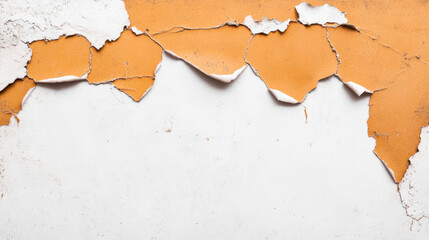 remaining piece of torn down grunge wall with orange and white peeling paint creates striking visual contrast, evoking sense of decay and history