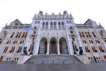 Hungarian Parliament Building, Gothic Revival style building with lavishly decorated rooms in Budapest Hungary