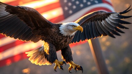 Fototapeta premium Majestic Bald Eagle Soaring Past American Flag