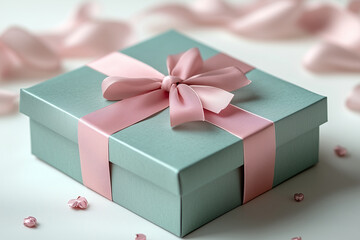 Light blue gift box with pink satin ribbon bow