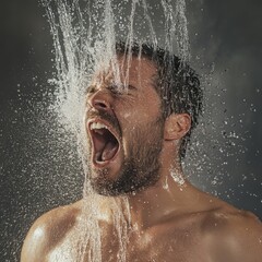 man shouting in shower close-up