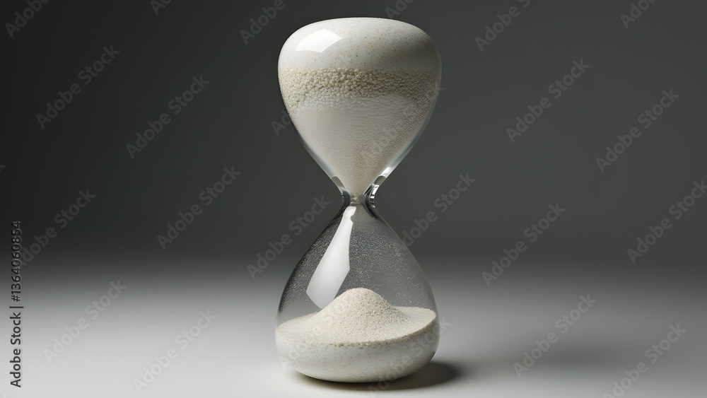 Poster paradoxical hourglass where the sand consists of moving voids through solid glass, creating an inver