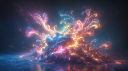 Surreal, dreamlike abstract creation featuring fluid, swirling patterns of neon-colored light and reflection in an unknown dimension.