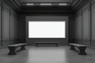 Luxury Gray Wooden Gallery Interior with Benches in Front of Empty White Mock Up Screen 3D Rendering