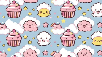 A seamless kawaii doodle pattern with adorable smiling cupcakes, fluffy clouds, and playful animals in pastel colors. Perfect for kids’ designs, stationery, and textiles.