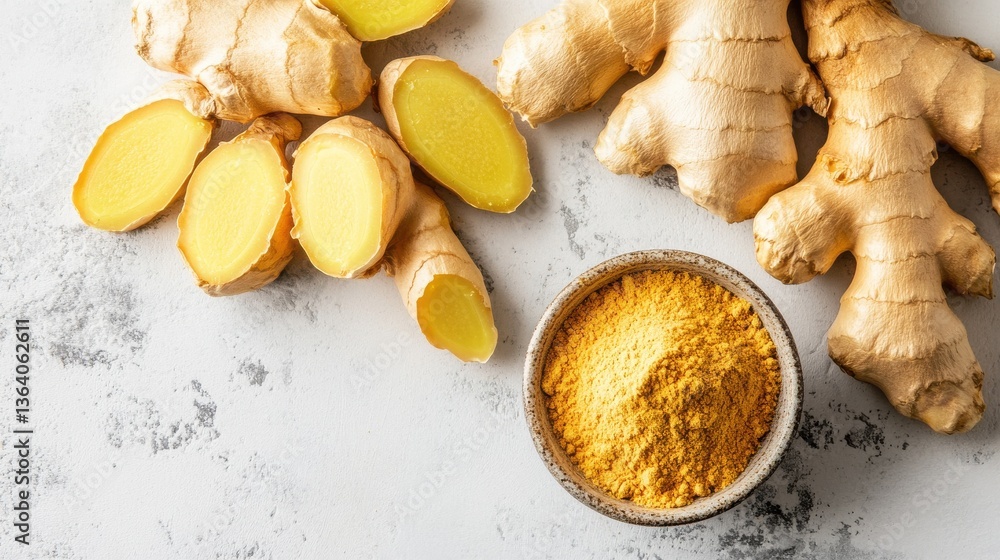 Poster fresh ginger root with slices and ground ginger powder displayed on a light textured surface, showca