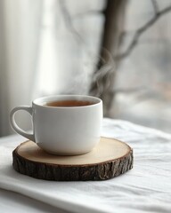 Fototapeta premium Cozy Cup of Hot Tea with Steam Rising on Wooden Slice in Soft Natural Light