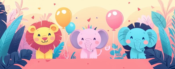 Naklejka premium A cheerful illustration featuring a lion and two elephants celebrating with colorful balloons amidst a vibrant, playful jungle backdrop.