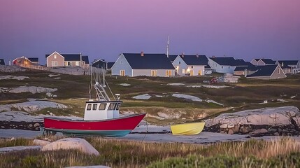 Obraz premium A colorful fishing boat resides in a coastal village scene