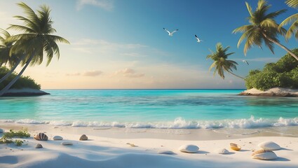 Obraz premium Turquoise ocean, sandy beach, palm trees, blue sky, birds, and tropical paradise