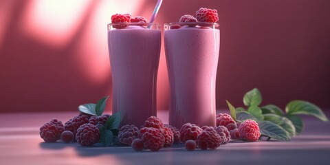 Delicious raspberry smoothies in clear glasses surrounded by fresh berries and mint leaves