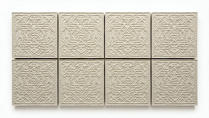 Obraz premium Curate symmetrical tile art layering random tribal details crisp geometric partitions minimal color usage wide white margin. concept as Layered design merges random motifs with crisp geometry. Wide wh