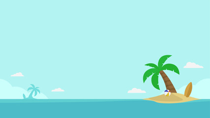 Island scenery flat illustration background. Flat beach landscape with surfboard, coconut tree, and beach ball