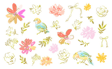Hand-drawn carnation, wildflowers, birds, ribbons, and gold line art vector clipart set with transparent background for Mother's Day. Hand painted floral background illustrations.