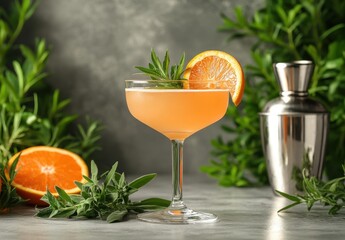 Fototapeta premium Refreshing Orange Cocktail with Herb Garnish in Elegant Glass, Surrounded by Greenery and Cocktail Shaker, Perfect for Summer Gatherings