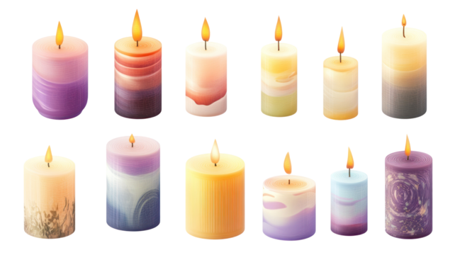 A collection of beautifully designed candles in various colors and patterns, each with a gentle flame, creating a serene ambiance