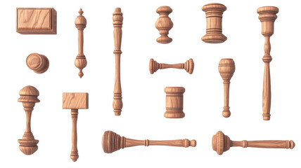 A collection of intricately designed wooden furniture components arranged artistically on a neutral background