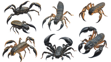 A collection of realistic 3D scorpions in various poses, showcasing their intricate details against a neutral background