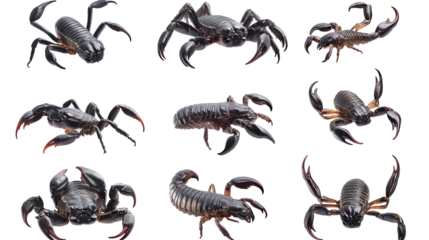 A collection of realistic scorpion models displayed against a transparent background, showcasing their unique features and textures