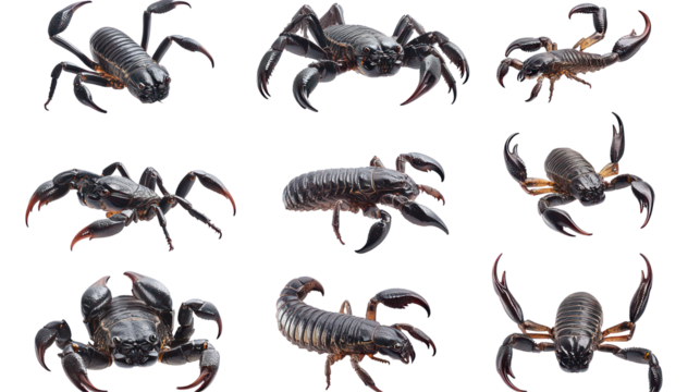 A collection of realistic scorpion models displayed against a transparent background, showcasing their unique features and textures
