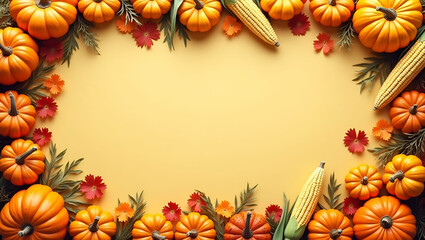 Rustic Pumpkin and Golden Corn Border Frame with Harvest Copy Space for Thanksgiving Greetings - Perfect for Fall-Themed Photo Stock and Seasonal Celebrations