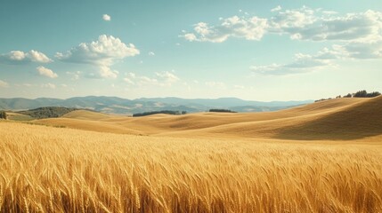 Wheat Field in Tuscany Hills Under a Blue Sky with Clouds