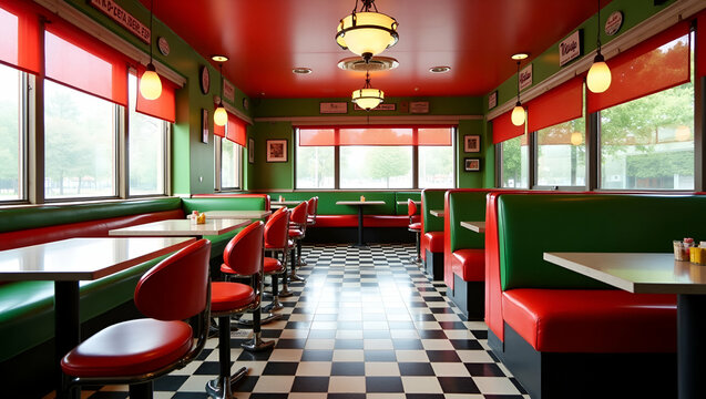 Flat Retro diner featuring red and green seating classic decor checkerboard floor evoking nostalgic American 1950s ambiance. concept as Retro diner featuring red and green seating classic decor checke